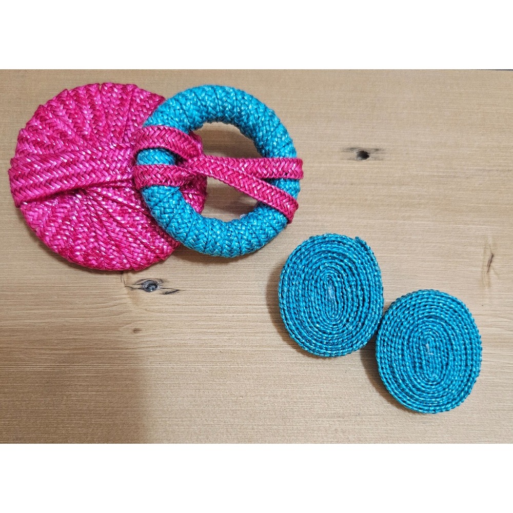 Vintage HOT Pink and Turquoise Blue Raffia Weave Oval Earrings Brooch Pin‎ 80's - Picture 7 of 9